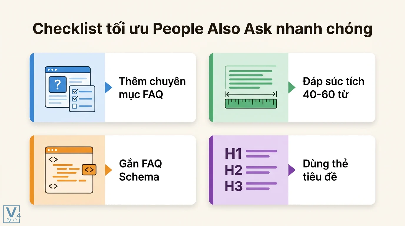 People Also Ask là gì? Cách tối ưu PAA chiếm lĩnh SERP 2026 3 Checklist tối ưu People Also Ask gồm thêm chuyên mục FAQ, viết đáp súc tích 40-60 từ, gắn mã FAQ Schema và sử dụng thẻ tiêu đề H1 H2 H3
