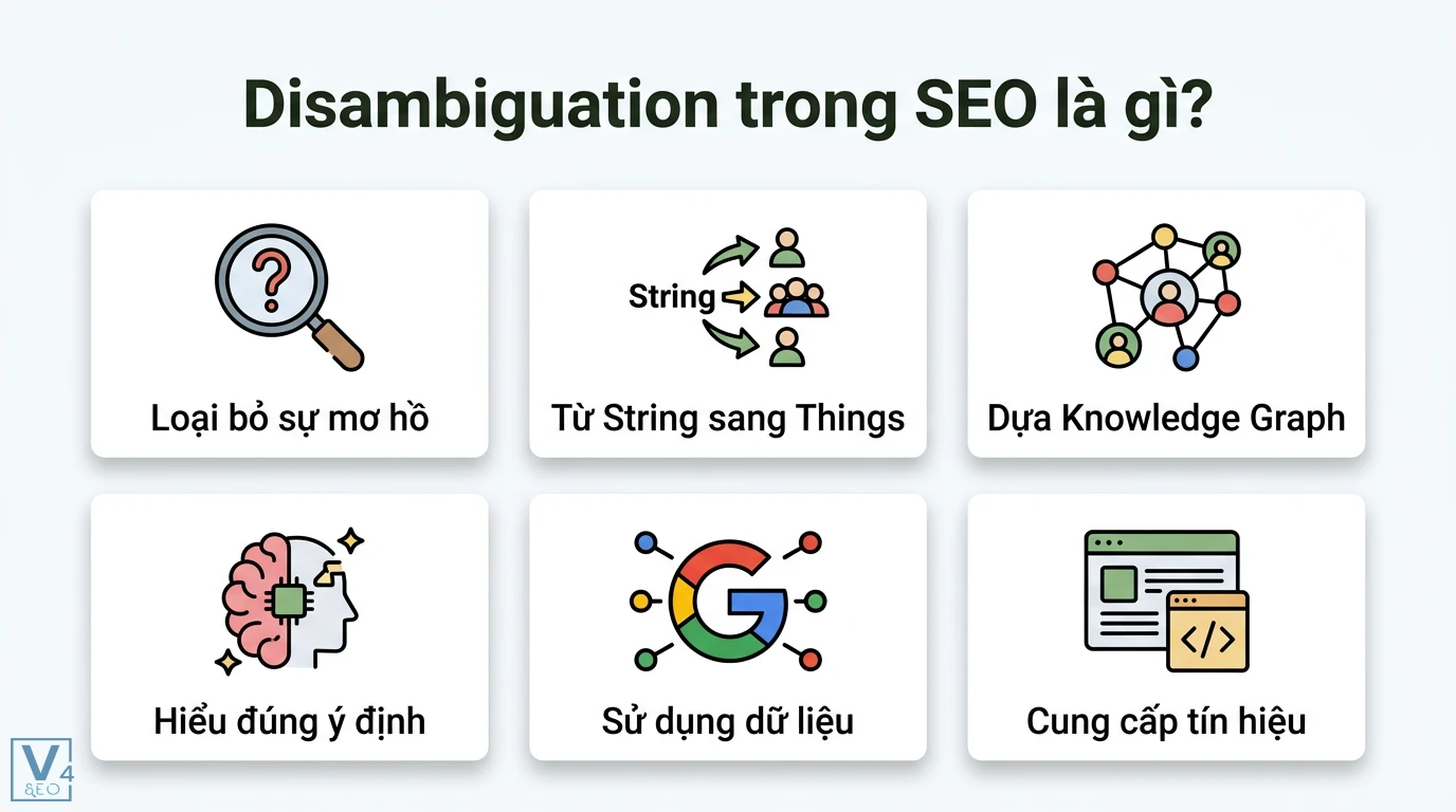 Phân giải thực thể (disambiguation) là gì? Giải mã vai trò SEO và AI 3 Disambiguation trong SEO giúp loại bỏ mơ hồ, chuyển từ String sang Things dựa trên Knowledge Graph để hiểu đúng ý định và cung cấp tín hiệu