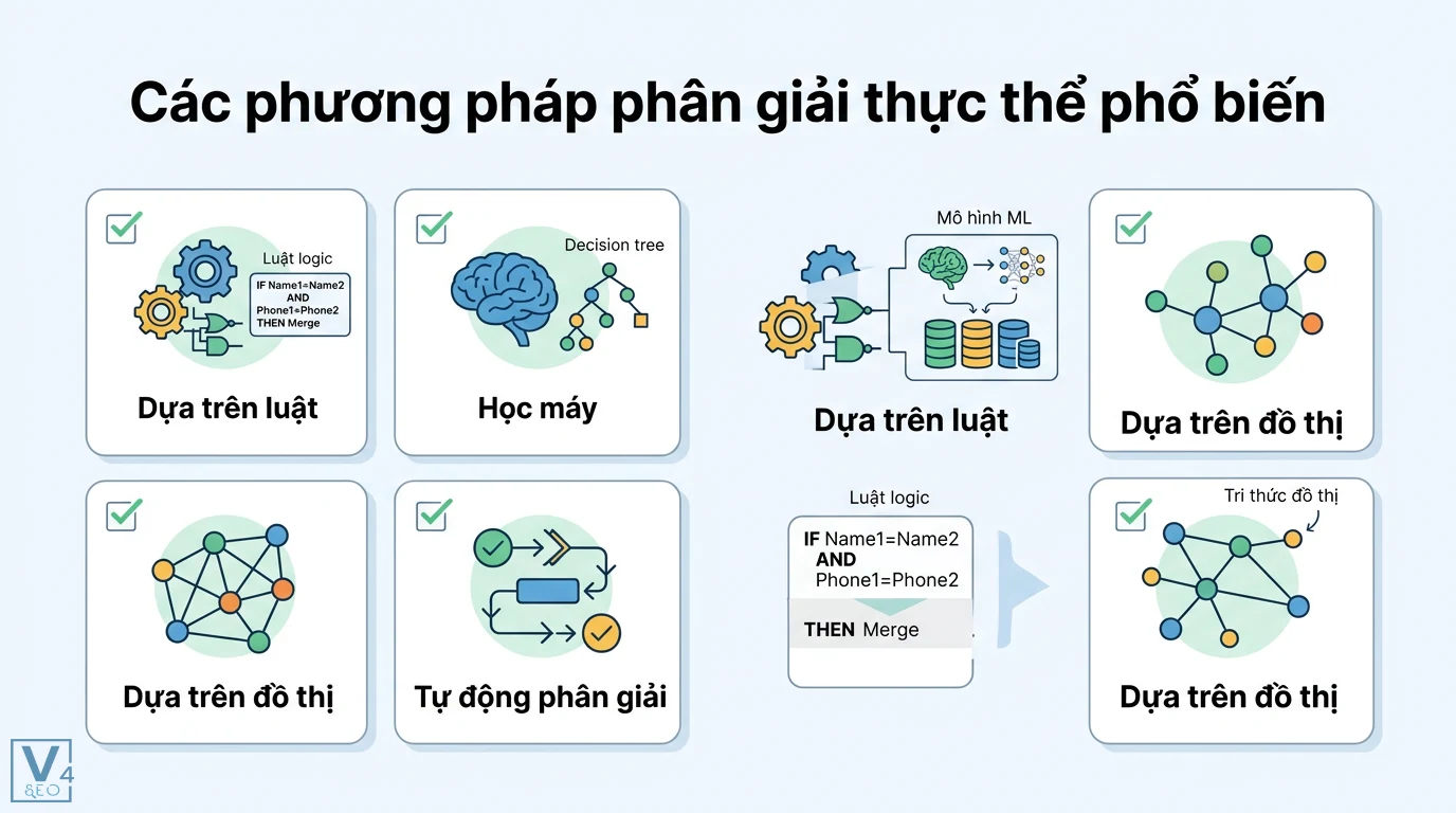 Phân giải thực thể (disambiguation) là gì? Giải mã vai trò SEO và AI 1 Phân giải thực thể bằng quy tắc logic, mô hình học máy và cấu trúc đồ thị tri thức giúp tự động nhận diện và xử lý nhập nhằng dữ liệu