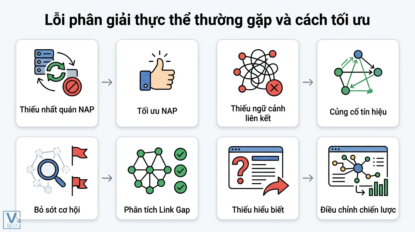 Phân giải thực thể (disambiguation) là gì? Giải mã vai trò SEO và AI 2 Khắc phục lỗi phân giải thực thể qua tối ưu NAP, củng cố tín hiệu liên kết, phân tích link gap và điều chỉnh chiến lược Knowledge Graph