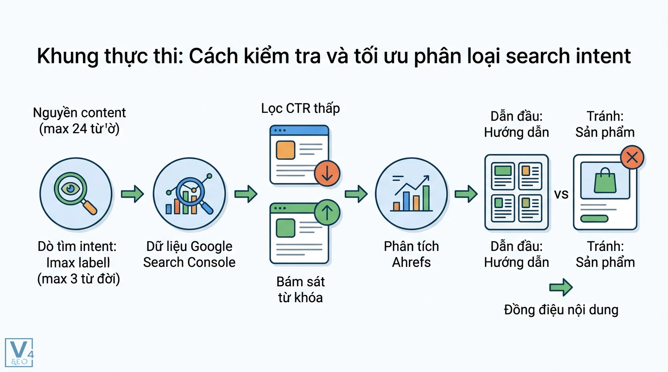Phân loại search intent là gì? Quy trình tối ưu từ GSC và Ahrefs 4 Checklist tối ưu Search Intent gồm chọn định dạng content tìm People Also Ask tối ưu tiêu đề mô tả và xây dựng cấu trúc Heading chuẩn SEO