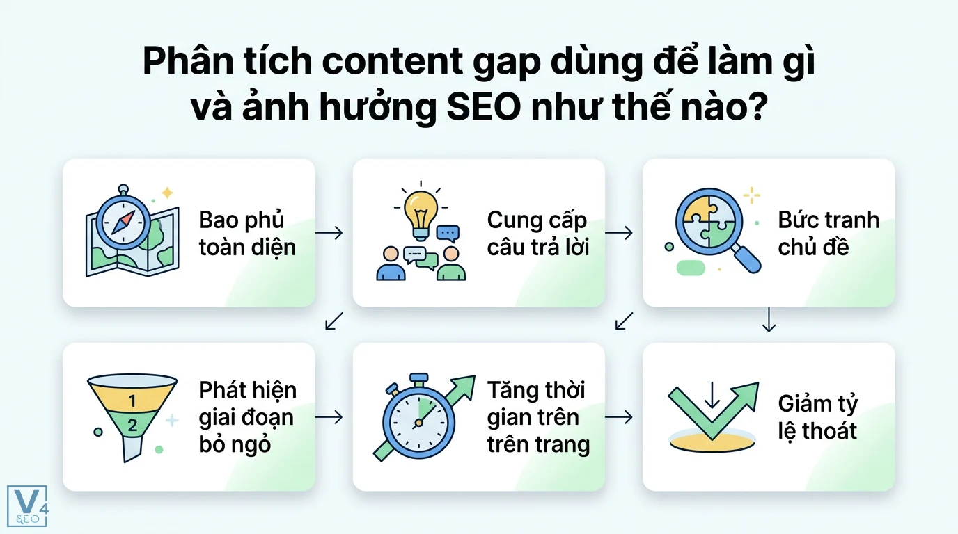 Phân tích content gap là gì? 4 bước lấp đầy khoảng trống nội dung 1 Phân tích content gap giúp bao phủ toàn diện chủ đề và phát hiện giai đoạn bỏ ngỏ để tăng thời gian trên trang và giảm tỷ lệ thoát cho website