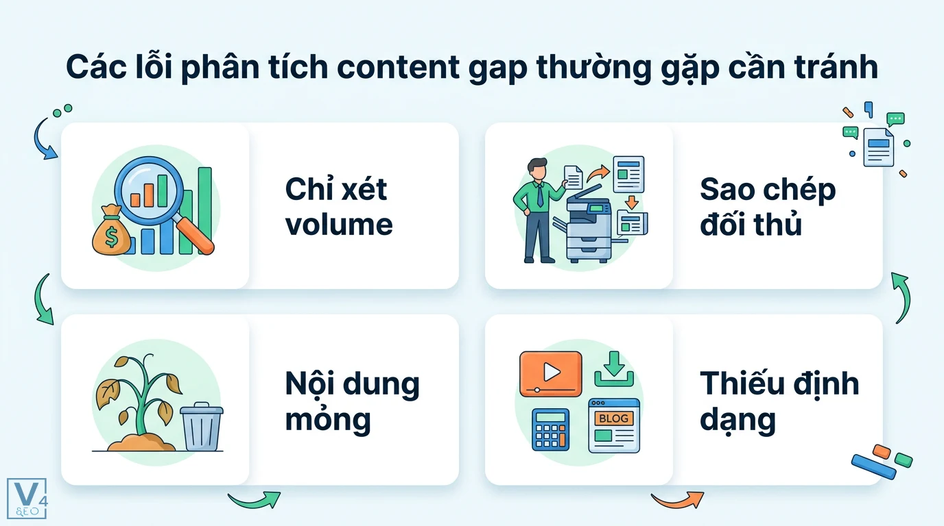 Phân tích content gap là gì? 4 bước lấp đầy khoảng trống nội dung 3 Các lỗi phân tích content gap cần tránh gồm chỉ xét volume, sao chép đối thủ, tạo nội dung mỏng và thiếu đa dạng định dạng nội dung cho website