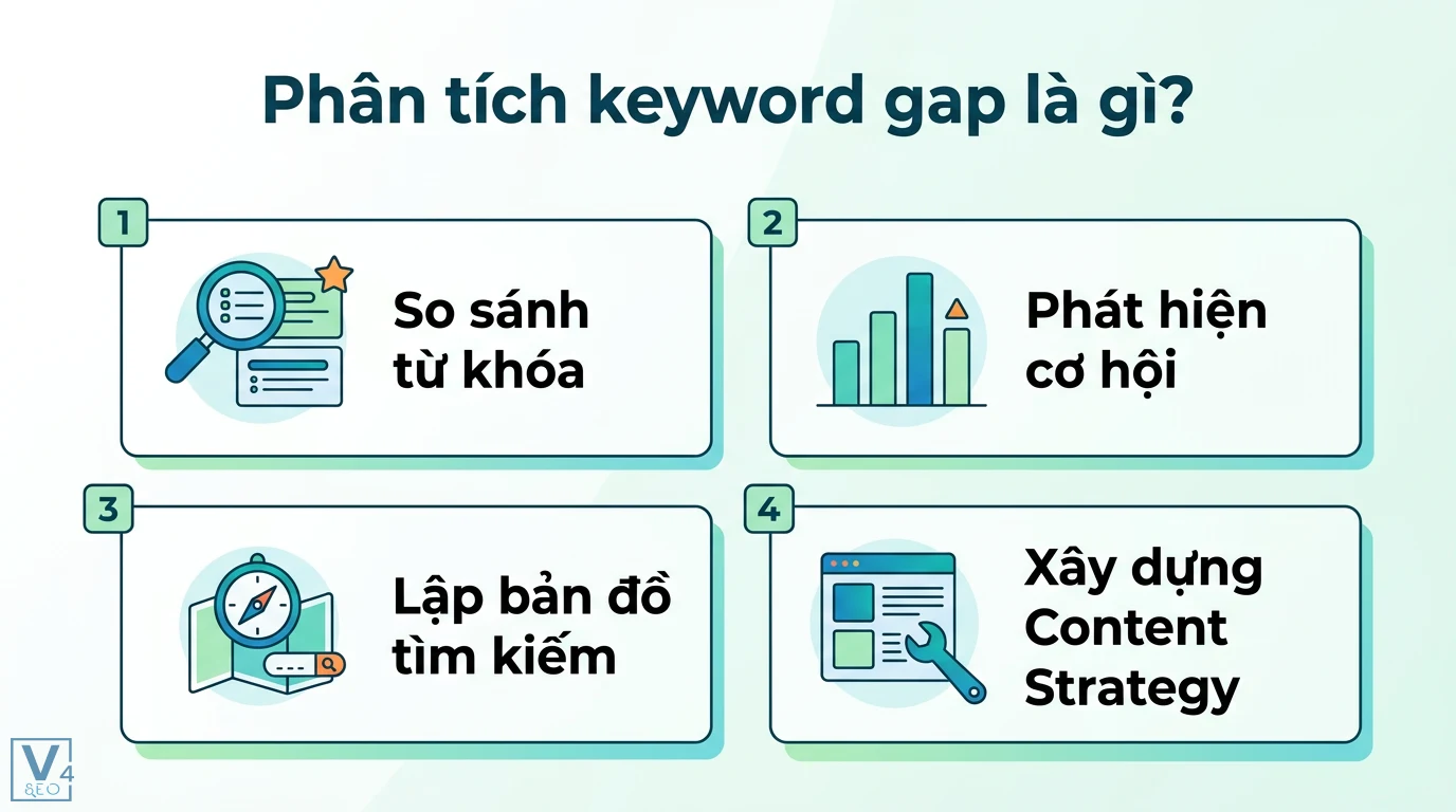 Phân tích keyword gap là gì? Case study thực tế giúp tăng traffic 1 Phân tích keyword gap qua việc so sánh từ khóa, phát hiện cơ hội, lập bản đồ thị trường tìm kiếm và xây dựng Content Strategy chuyên sâu