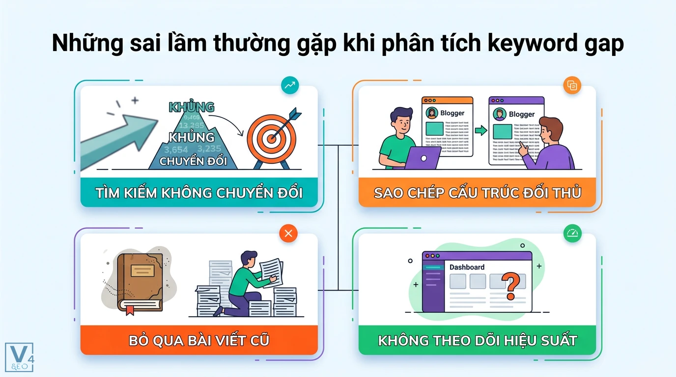 Phân tích keyword gap là gì? Case study thực tế giúp tăng traffic 3 Sai lầm khi phân tích keyword gap gồm chọn từ khóa không chuyển đổi, sao chép đối thủ, bỏ qua bài viết cũ và không theo dõi hiệu suất