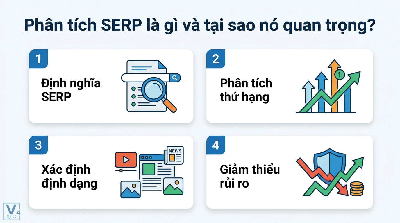 Phân tích SERP là gì? Quy trình đánh giá Search Intent và đối thủ 1 Phân tích SERP bao gồm định nghĩa kết quả tìm kiếm, đánh giá thứ hạng, xác định định dạng nội dung và giảm thiểu rủi ro đầu tư SEO