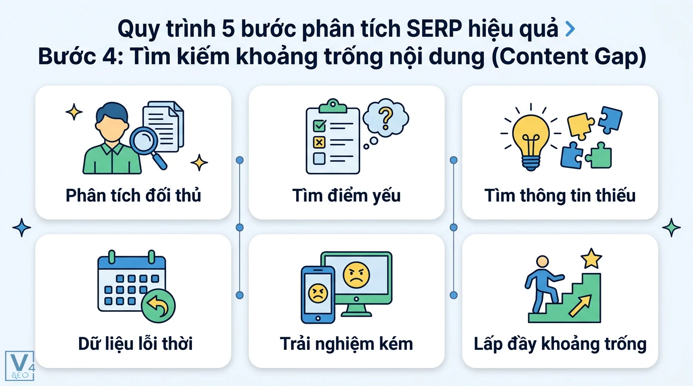 Phân tích SERP là gì? Quy trình đánh giá Search Intent và đối thủ 2 Phân tích khoảng trống nội dung qua việc xác định điểm yếu, thông tin thiếu và dữ liệu lỗi thời của đối thủ để tối ưu bài viết chuyên sâu