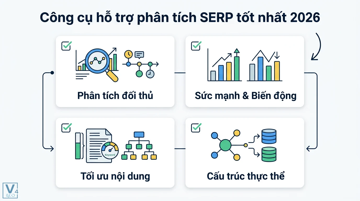 Phân tích SERP là gì? Quy trình đánh giá Search Intent và đối thủ 3 Công cụ phân tích SERP 2026 gồm phân tích đối thủ, theo dõi sức mạnh biến động, tối ưu nội dung và bóc tách cấu trúc thực thể SEO