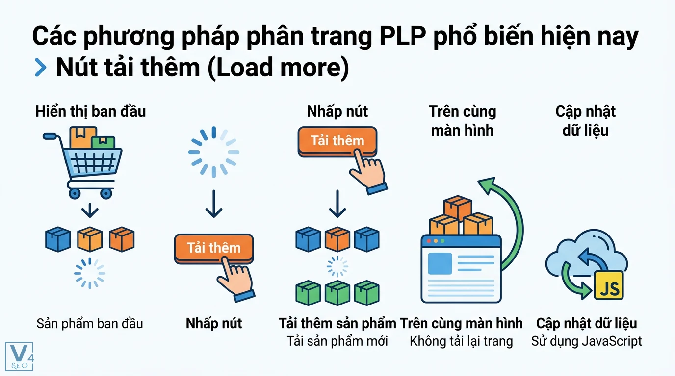 Phân trang PLP là gì? Cách tối ưu Product Listing Page chuẩn SEO 2 Cơ chế nút tải thêm Load more trong phân trang PLP hiển thị thêm sản phẩm mới qua JavaScript trên cùng màn hình mà không cần tải lại toàn bộ trang