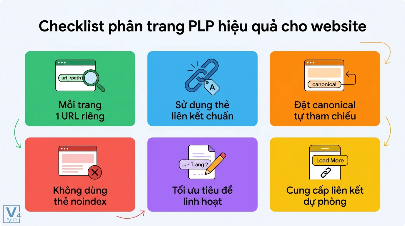 Phân trang PLP là gì? Cách tối ưu Product Listing Page chuẩn SEO 3 Checklist phân trang PLP gồm URL riêng thẻ liên kết chuẩn canonical tự tham chiếu không noindex tối ưu tiêu đề và cung cấp liên kết dự phòng