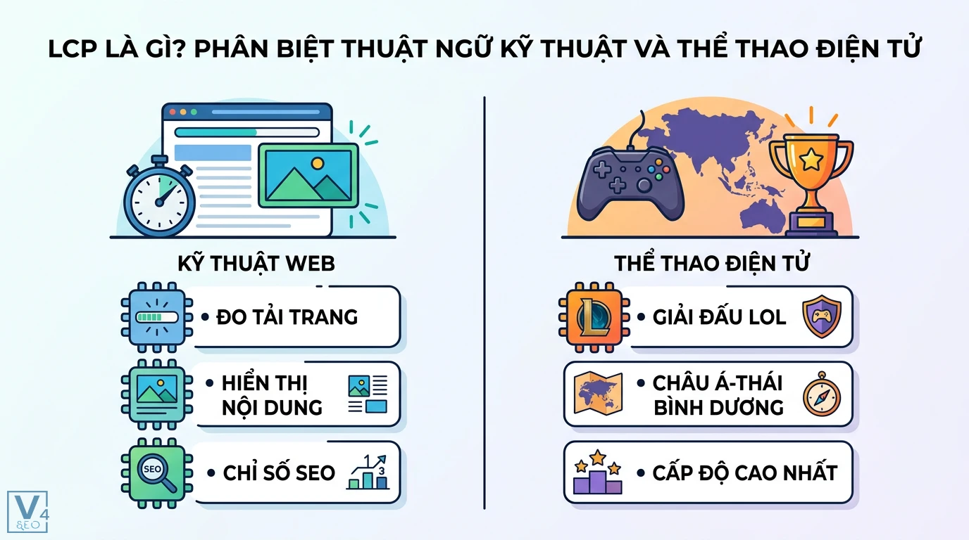 Phần tử LCP là gì? Cách tối ưu Largest Contentful Paint cho Dev 1 Phân biệt LCP là chỉ số Largest Contentful Paint đo tải trang web SEO và giải đấu League Championship Pacific của bộ môn thể thao điện tử LOL