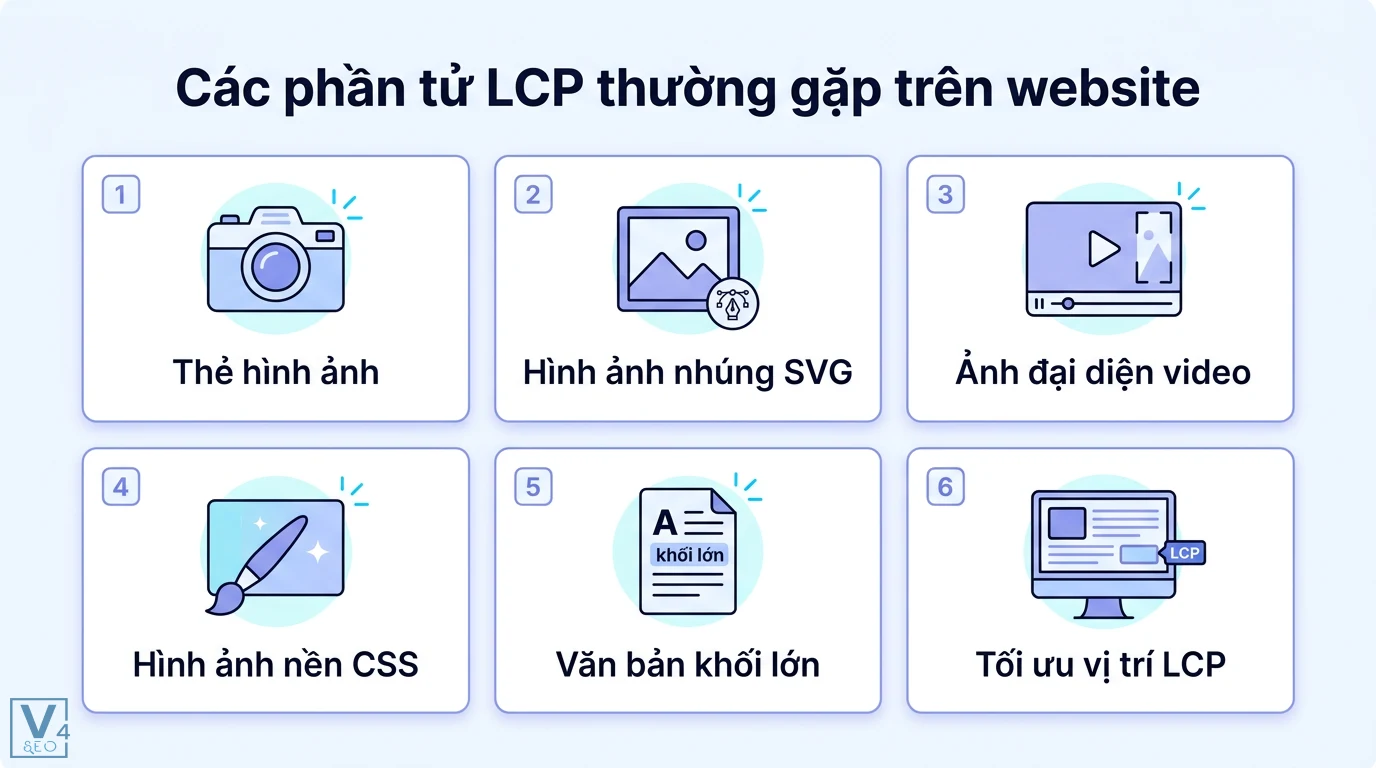 Phần tử LCP là gì? Cách tối ưu Largest Contentful Paint cho Dev 2 Các phần tử LCP thường gặp gồm thẻ ảnh, nhúng SVG, poster video, nền CSS, văn bản nội dung và kỹ thuật tối ưu vị trí hiển thị website