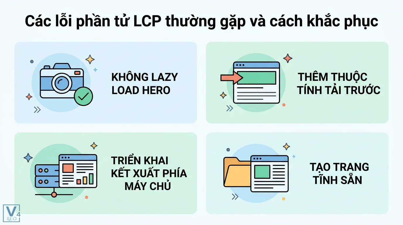 Phần tử LCP là gì? Cách tối ưu Largest Contentful Paint cho Dev 3 Cách khắc phục lỗi phần tử LCP qua việc không lazy load hero, thêm thuộc tính tải trước, kết xuất phía máy chủ và tạo sẵn các trang tĩnh