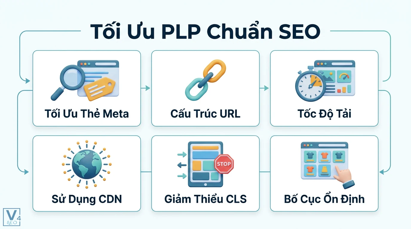 PLP là gì? Tìm hiểu mã chứng khoán HOSE và Product Listing Page 2 Tối ưu PLP chuẩn SEO qua thẻ Meta, cấu trúc URL, tốc độ tải trang, sử dụng CDN, giảm thiểu CLS và duy trì bố cục giao diện hiển thị ổn định