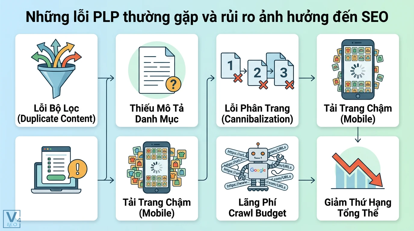 PLP là gì? Tìm hiểu mã chứng khoán HOSE và Product Listing Page 3 Lỗi PLP như trùng lặp nội dung, thiếu mô tả và tốc độ tải chậm gây lãng phí crawl budget dẫn đến sụt giảm thứ hạng SEO của website