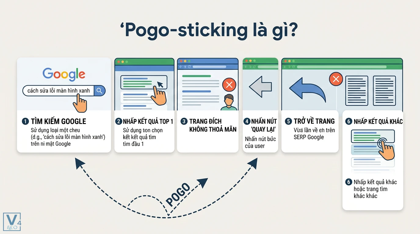 Pogo-sticking là gì? Cách phân biệt với Bounce Rate và tối ưu UX 1 Pogo-sticking mô tả hành vi nhấp vào kết quả Google rồi quay lại SERP để chọn liên kết khác do trang đích không thỏa mãn Search Intent