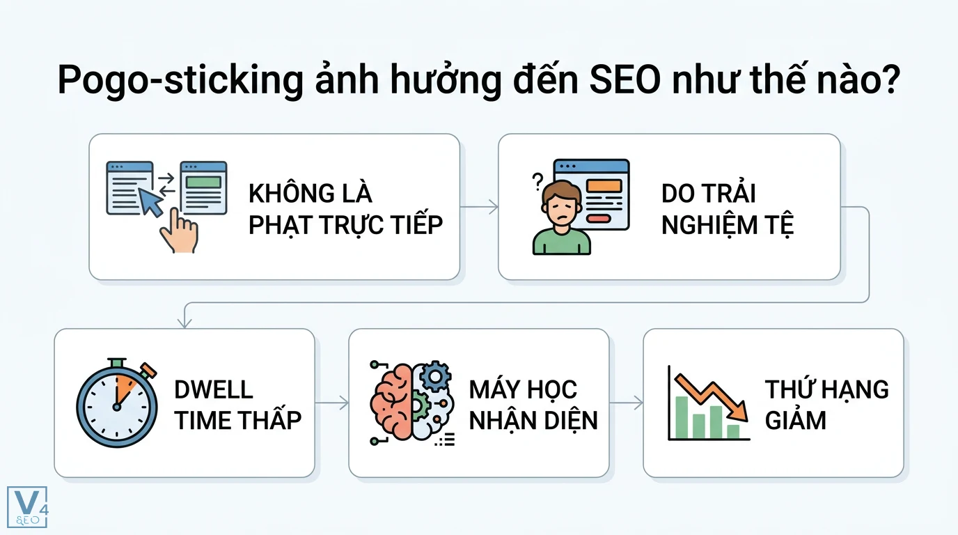 Pogo-sticking là gì? Cách phân biệt với Bounce Rate và tối ưu UX 2 Pogo-sticking ảnh hưởng SEO qua trải nghiệm người dùng tệ, dwell time thấp khiến máy học nhận diện và làm giảm thứ hạng website trên SERP