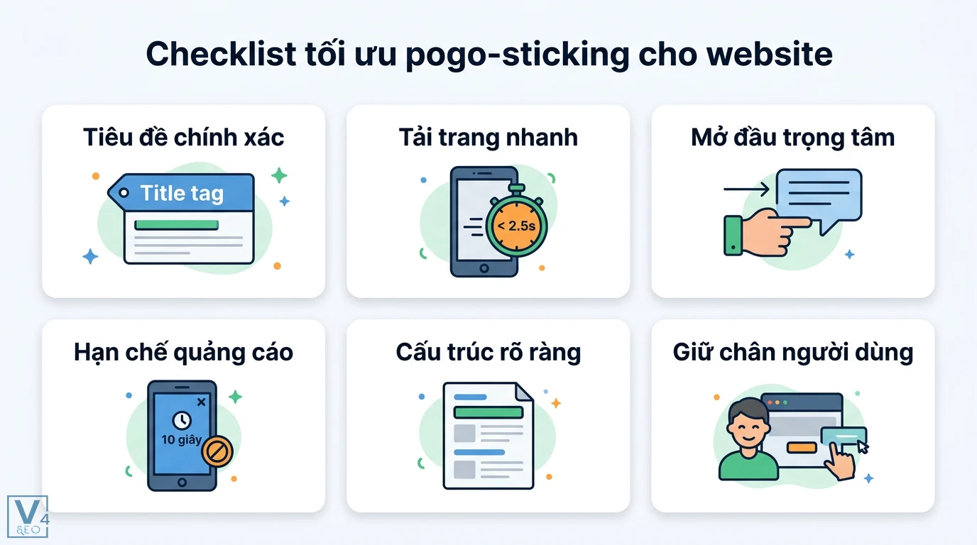 Pogo-sticking là gì? Cách phân biệt với Bounce Rate và tối ưu UX 3 Checklist tối ưu pogo-sticking cho website gồm tiêu đề chính xác, tải trang dưới 2.5s, mở đầu trọng tâm, hạn chế quảng cáo và cấu trúc rõ ràng