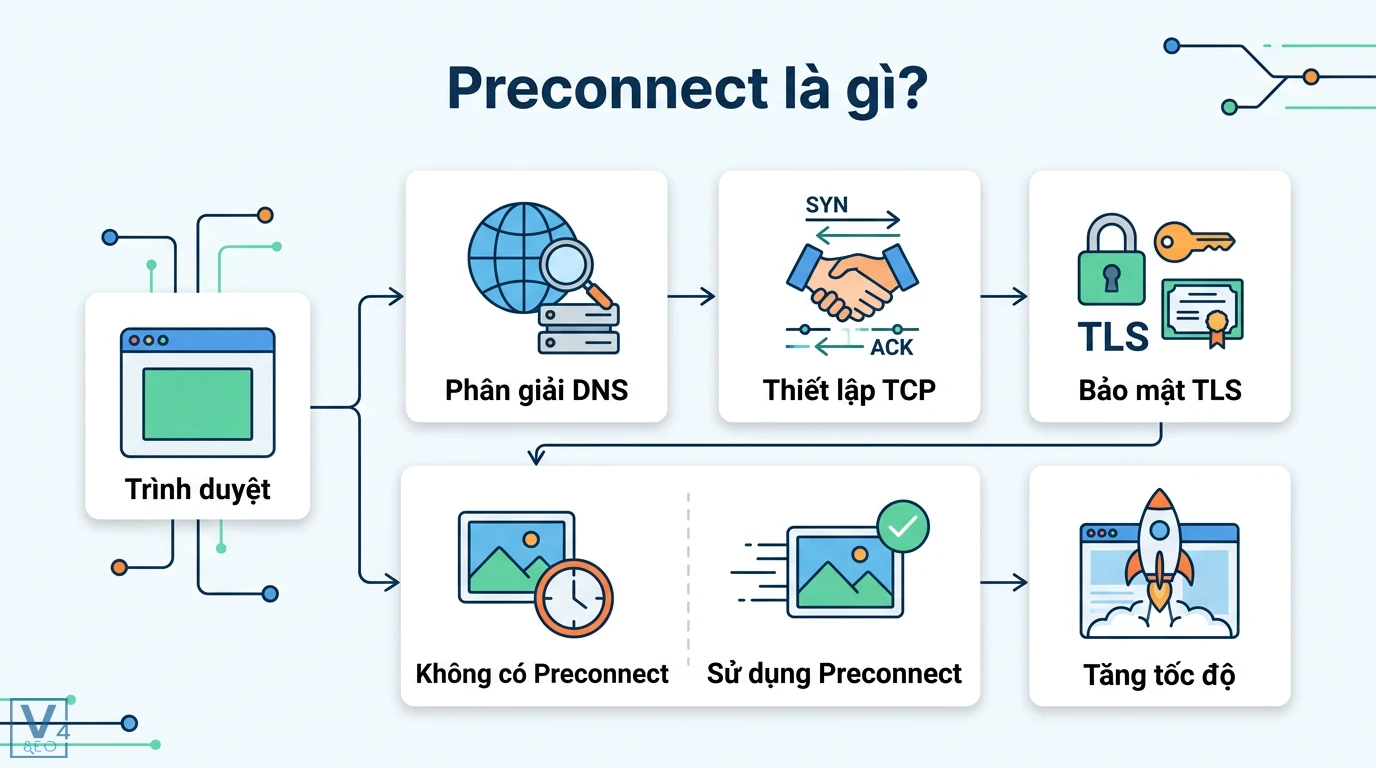 Preconnect là gì? Hướng dẫn tối ưu Core Web Vitals mới nhất 3 Quy trình Preconnect thực hiện phân giải DNS, thiết lập TCP và bảo mật TLS giúp trình duyệt tối ưu hóa hiệu suất và tăng tốc độ tải trang