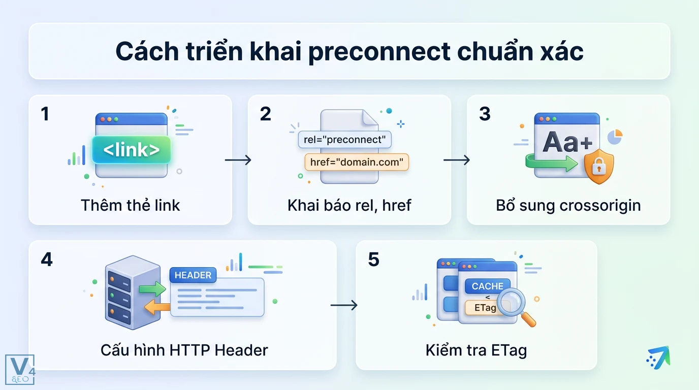 Preconnect là gì? Hướng dẫn tối ưu Core Web Vitals mới nhất 1 Triển khai preconnect chuẩn xác bằng cách thêm thẻ link, khai báo rel, href, crossorigin, cấu hình HTTP Header và kiểm tra cơ chế ETag