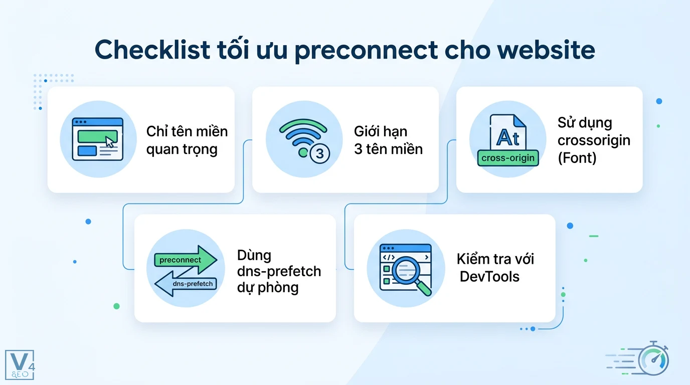 Preconnect là gì? Hướng dẫn tối ưu Core Web Vitals mới nhất 2 Checklist tối ưu preconnect gồm giới hạn 3 tên miền quan trọng, dùng crossorigin cho font, dns-prefetch dự phòng và kiểm tra với DevTools