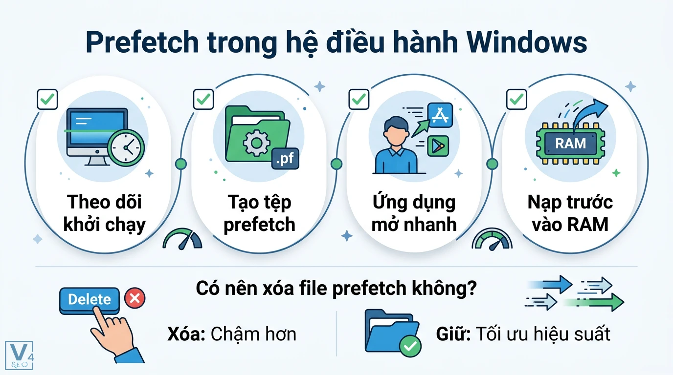 Prefetch là gì? Hướng dẫn tối ưu Windows và tốc độ Website 1 Cơ chế Windows Prefetch theo dõi khởi chạy, tạo tệp .pf và nạp dữ liệu vào RAM giúp ứng dụng mở nhanh để tối ưu hiệu suất hệ thống