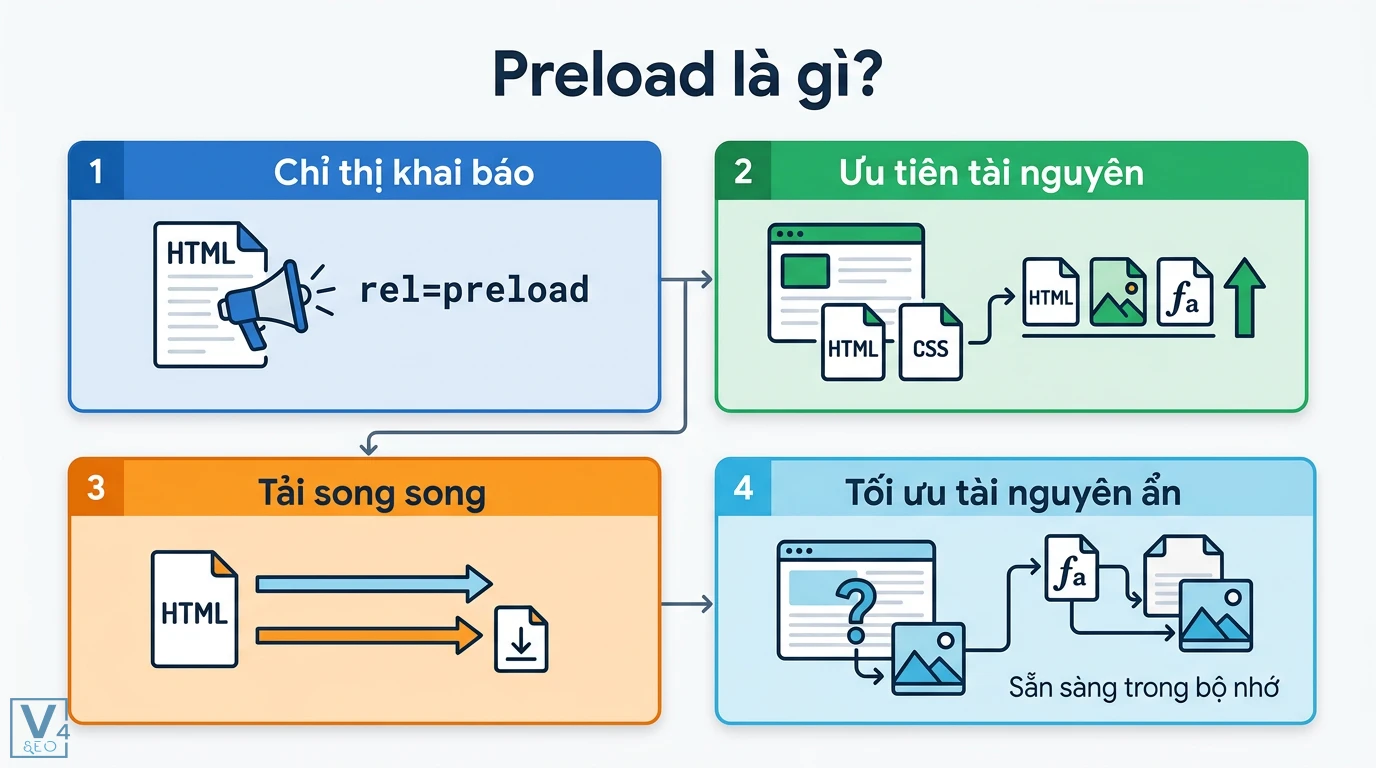 Preload là gì? Hướng dẫn tối ưu LCP và Core Web Vitals cho Website 1 Preload và rel=preload giúp trình duyệt ưu tiên tài nguyên quan trọng, tải song song và tối ưu tài nguyên ẩn sẵn sàng trong bộ nhớ đệm