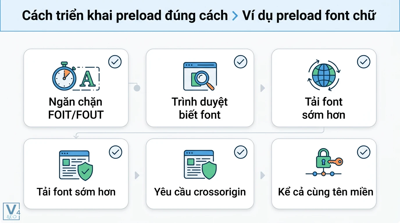 Preload là gì? Hướng dẫn tối ưu LCP và Core Web Vitals cho Website 2 Cách triển khai preload font chữ giúp ngăn chặn FOIT FOUT để trình duyệt tải font sớm hơn kèm yêu cầu crossorigin kể cả khi cùng tên miền
