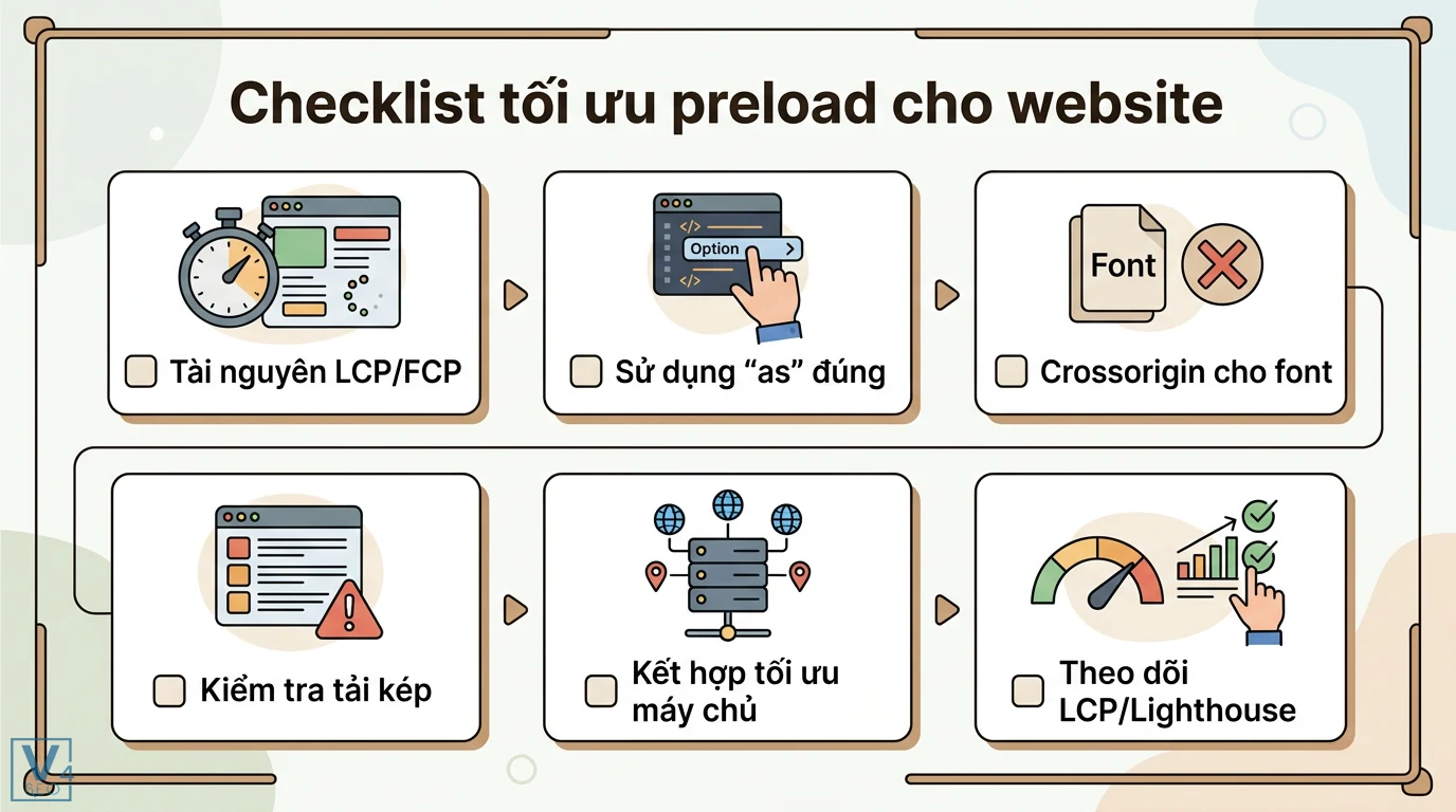 Preload là gì? Hướng dẫn tối ưu LCP và Core Web Vitals cho Website 3 Checklist tối ưu preload cho website gồm tài nguyên LCP, thuộc tính as, crossorigin cho font, tối ưu máy chủ và theo dõi điểm Lighthouse