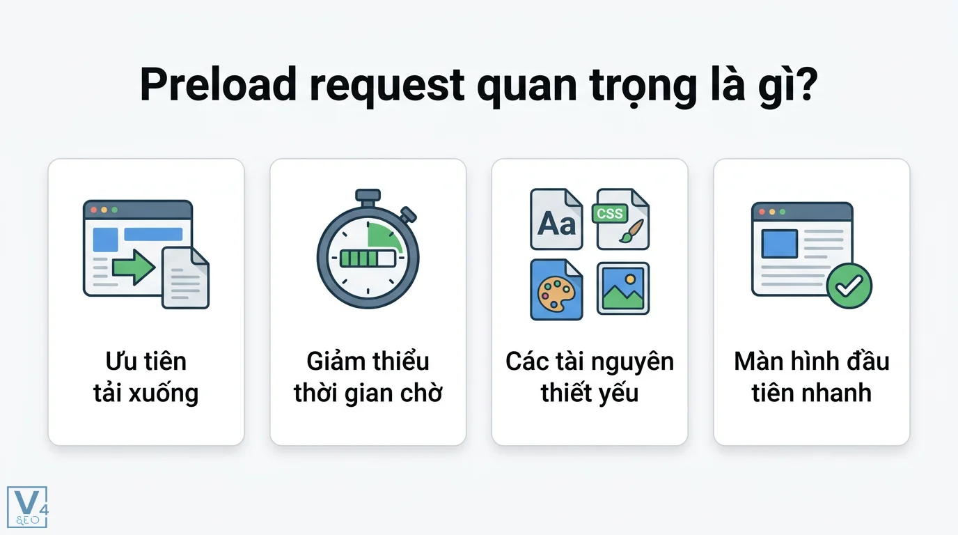 Preload request quan trọng là gì? Cách tối ưu LCP và Core Web Vitals 1 Preload request quan trọng giúp trình duyệt ưu tiên tải tài nguyên thiết yếu để giảm thiểu thời gian chờ và tăng tốc hiển thị màn hình đầu tiên