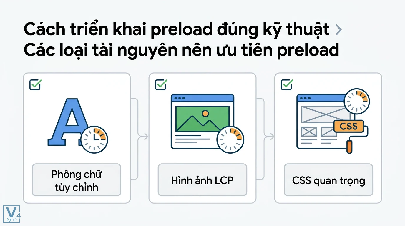 Preload request quan trọng là gì? Cách tối ưu LCP và Core Web Vitals 2 Ưu tiên preload phông chữ tùy chỉnh, tài nguyên LCP và CSS quan trọng để tối ưu hóa tốc độ hiển thị và cải thiện hiệu suất tải trang web