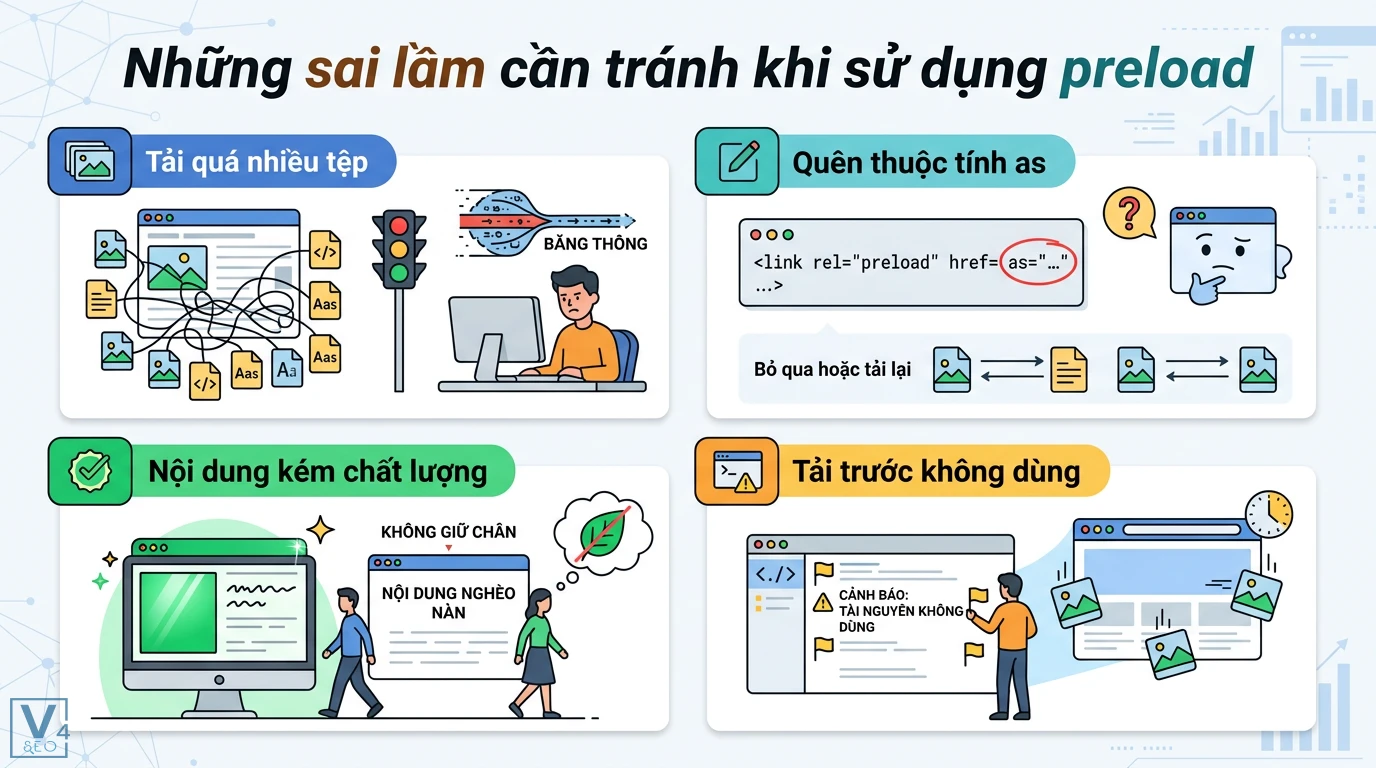 Preload request quan trọng là gì? Cách tối ưu LCP và Core Web Vitals 3 Những sai lầm khi sử dụng preload như tải quá nhiều tệp gây nghẽn băng thông, thiếu thuộc tính as và lãng phí tài nguyên không sử dụng