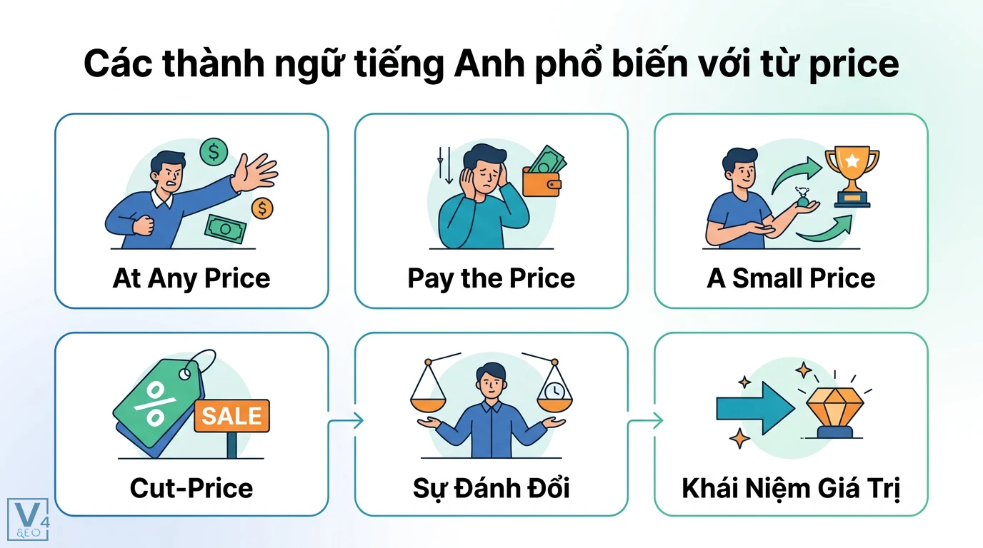 Price là gì? Ý nghĩa của giá cả trong kinh tế và Marketing 3 Các thành ngữ tiếng Anh với price gồm at any price, pay the price, a small price, cut-price thể hiện sự đánh đổi và các khái niệm về giá trị