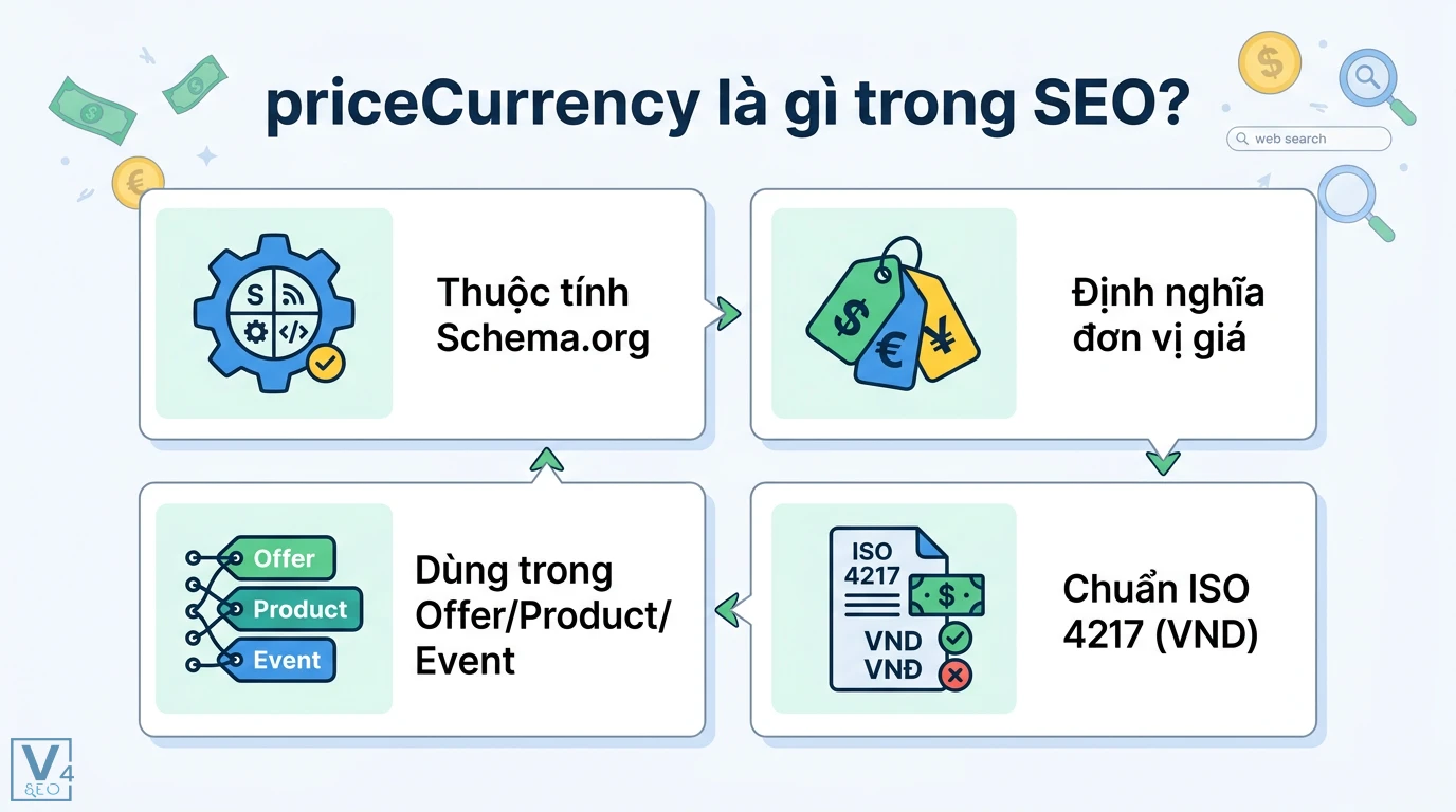 priceCurrency là gì? Cách dùng Schema chuẩn ISO 4217 cho SEO 1 Khai báo priceCurrency trong Schema.org cho Product, Offer, Event theo chuẩn ISO 4217 VND giúp tối ưu hiển thị giá tiền trên kết quả tìm kiếm