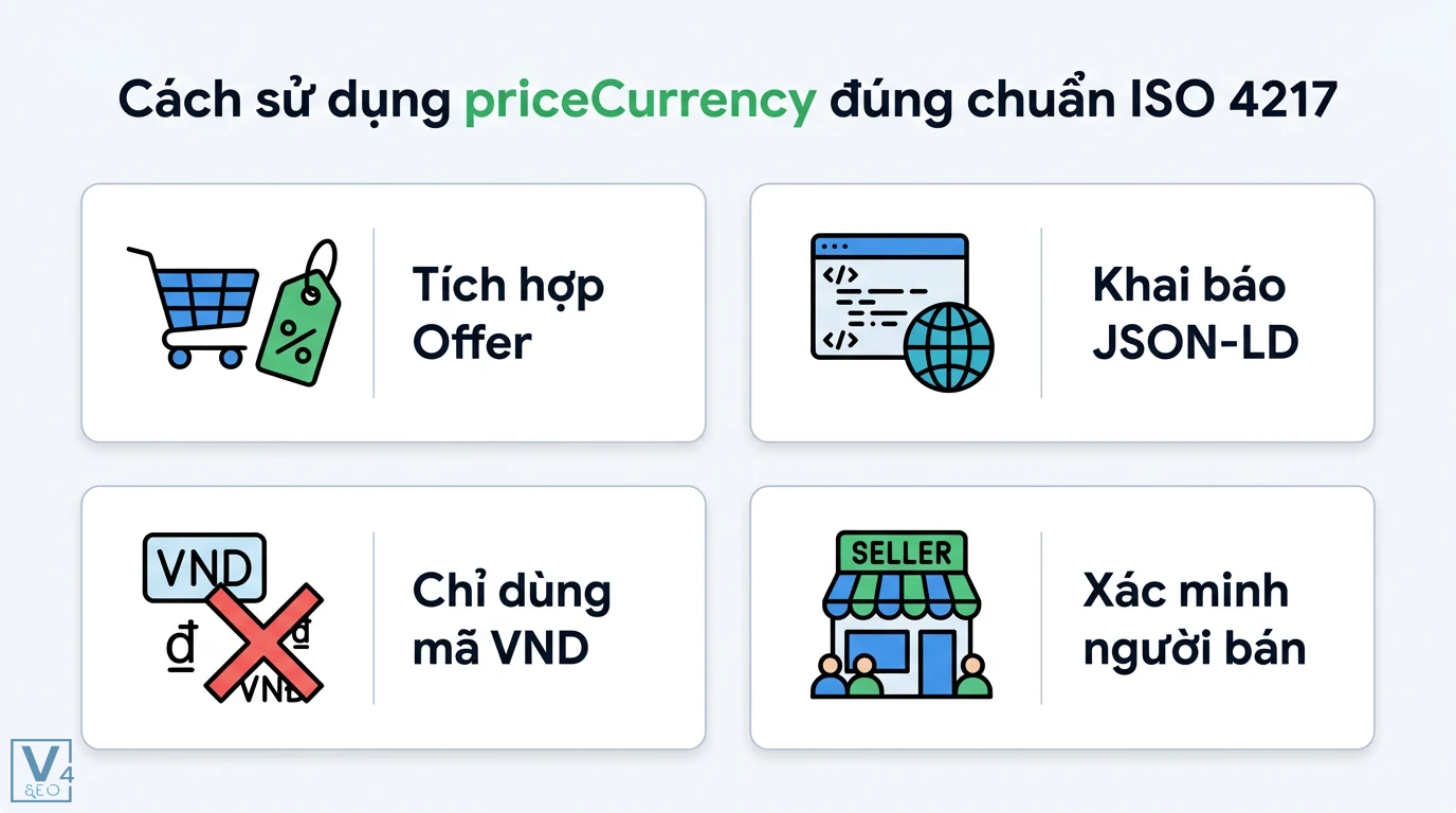 priceCurrency là gì? Cách dùng Schema chuẩn ISO 4217 cho SEO 2 Cách sử dụng priceCurrency đúng chuẩn ISO 4217 gồm tích hợp Offer, khai báo JSON-LD, chỉ dùng mã VND và xác minh thông tin người bán