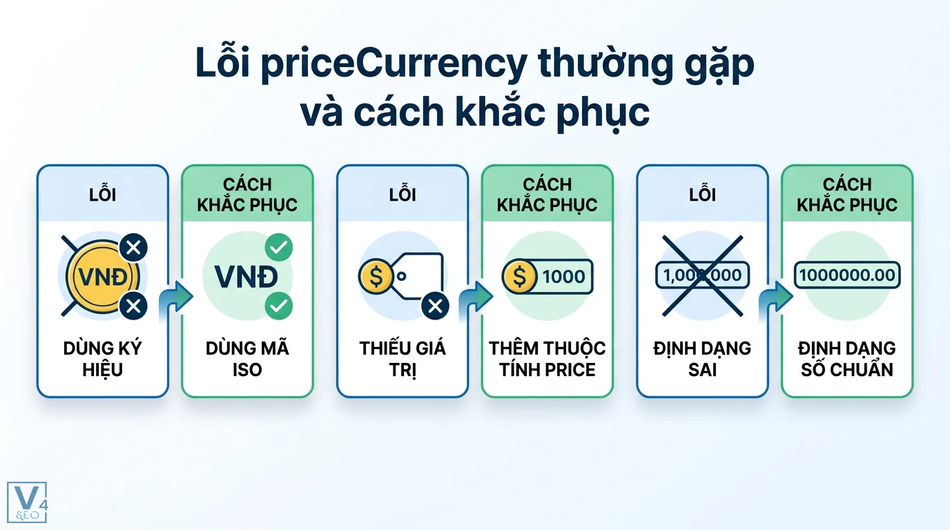 priceCurrency là gì? Cách dùng Schema chuẩn ISO 4217 cho SEO 3 Cách khắc phục lỗi priceCurrency bằng mã ISO 4217, bổ sung thuộc tính price và dùng định dạng số chuẩn khi triển khai dữ liệu có cấu trúc
