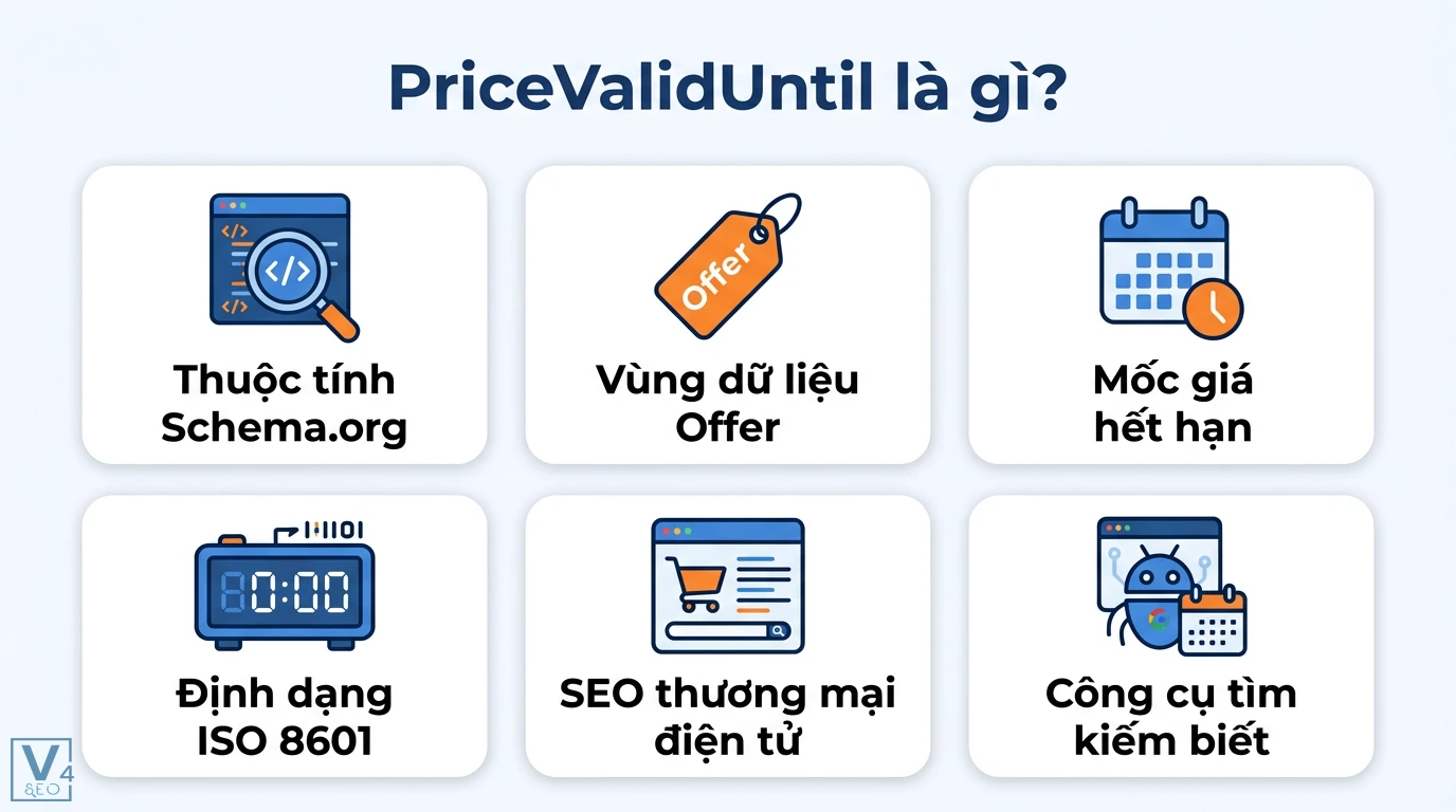 PriceValidUntil là gì? Cách sửa lỗi Schema Product trong GSC 1 PriceValidUntil trong Schema.org Offer giúp xác định mốc giá hết hạn theo chuẩn ISO 8601 và tối ưu hiển thị SEO cho trang thương mại điện tử