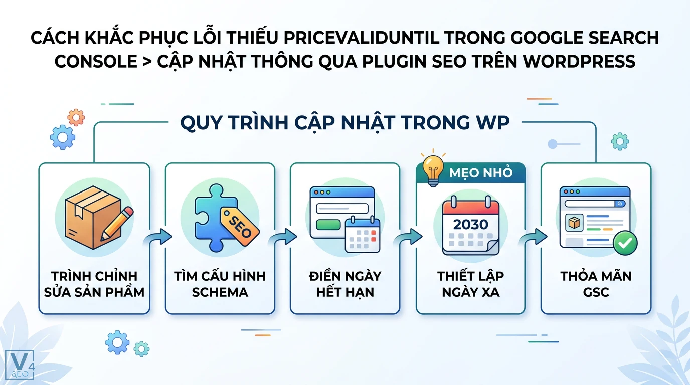 PriceValidUntil là gì? Cách sửa lỗi Schema Product trong GSC 2 Cách khắc phục lỗi PriceValidUntil trong Google Search Console qua các bước cấu hình Schema và điền ngày hết hạn xa trên WordPress