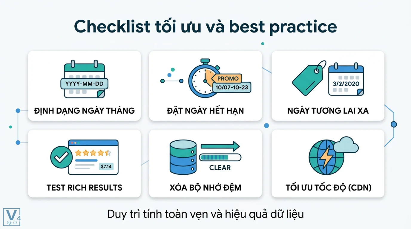 PriceValidUntil là gì? Cách sửa lỗi Schema Product trong GSC 3 Checklist tối ưu dữ liệu gồm định dạng ngày tháng, đặt ngày hết hạn, kiểm tra Rich Results, xóa bộ nhớ đệm và CDN duy trì tính toàn vẹn