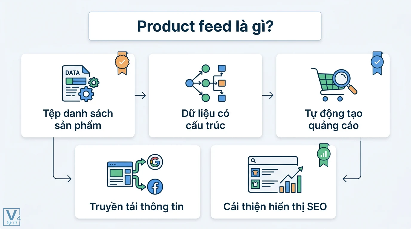 Product feed là gì? Cách tối ưu và khắc phục lỗi Merchant Center 1 Product feed truyền tải dữ liệu sản phẩm có cấu trúc để tự động tạo quảng cáo và cải thiện hiển thị SEO trên Google và Facebook