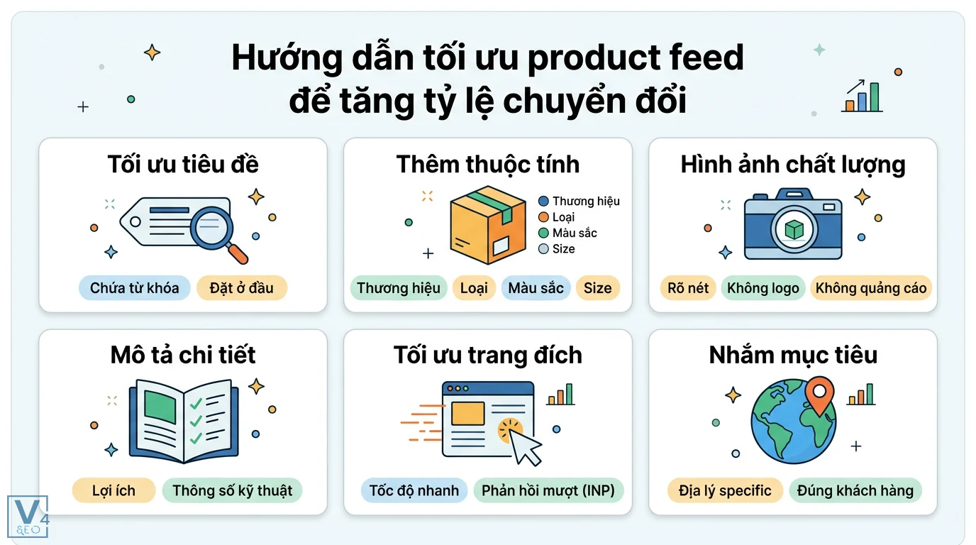 Product feed là gì? Cách tối ưu và khắc phục lỗi Merchant Center 2 Tối ưu product feed tăng chuyển đổi qua việc chuẩn hóa tiêu đề, hình ảnh, mô tả chi tiết, tối ưu trang đích INP và nhắm mục tiêu địa lý