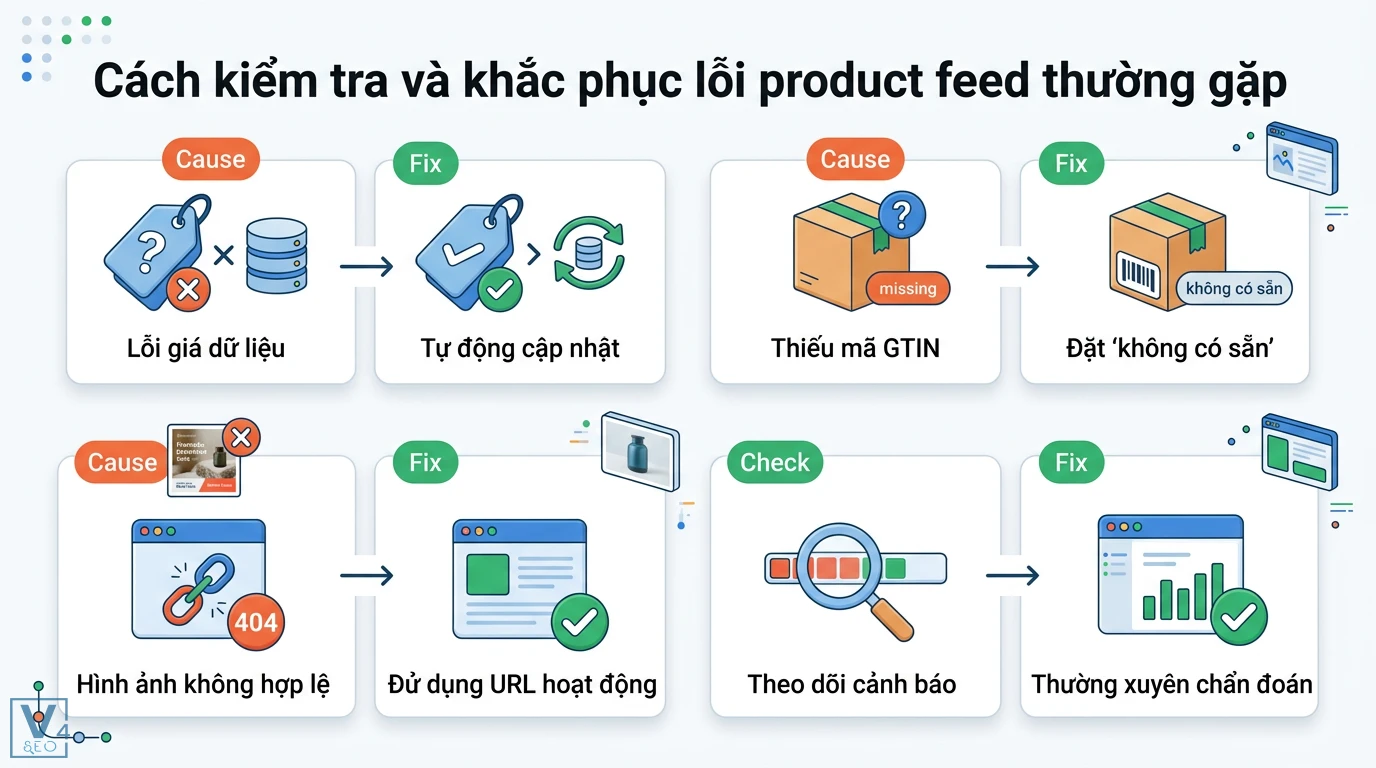 Product feed là gì? Cách tối ưu và khắc phục lỗi Merchant Center 3 Cách khắc phục lỗi product feed thường gặp như lỗi giá, thiếu GTIN, hình ảnh không hợp lệ và theo dõi chẩn đoán tài khoản Google Merchant Center