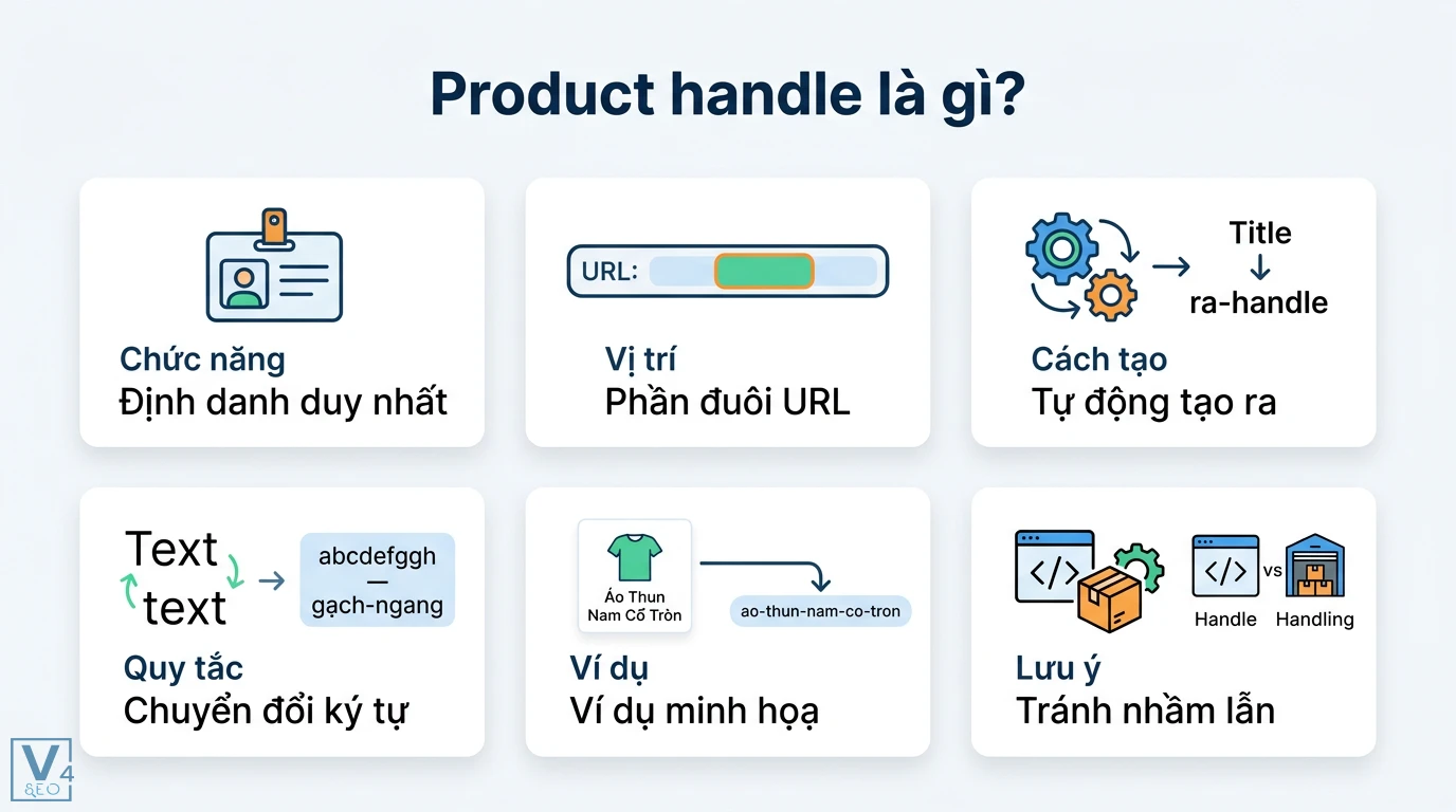 Product handle là gì? Hướng dẫn tối ưu URL slug chuẩn SEO Shopify 1 Product handle định danh duy nhất sản phẩm ở đuôi URL, tự động tạo từ tên qua quy tắc chuyển đổi ký tự và phân biệt với product handling