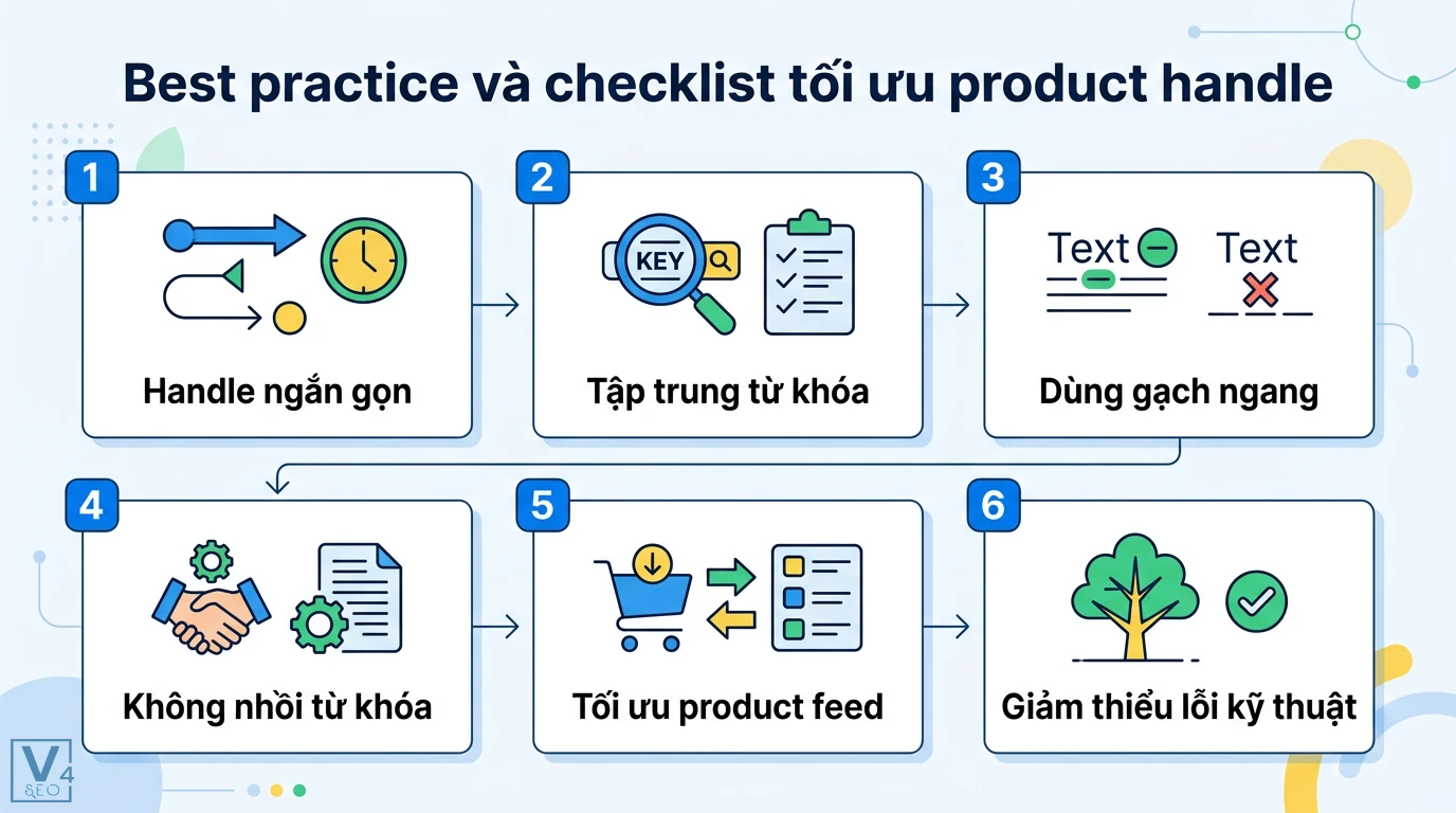 Product handle là gì? Hướng dẫn tối ưu URL slug chuẩn SEO Shopify 3 Checklist tối ưu product handle gồm handle ngắn gọn, tập trung từ khóa, dùng gạch ngang, tối ưu product feed và giảm thiểu lỗi kỹ thuật