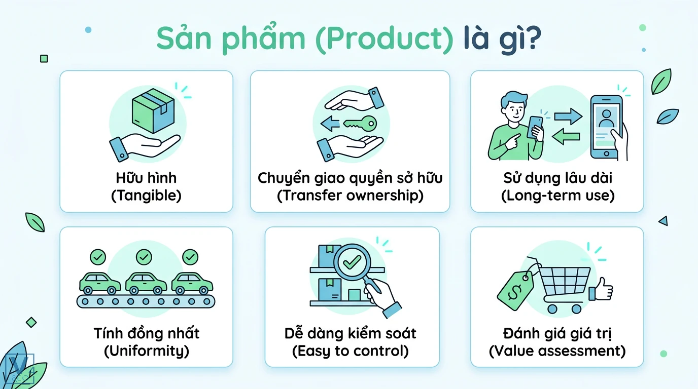 Products vs Services là gì? 5 khác biệt cốt lõi và ví dụ dễ hiểu 1 Đặc trưng sản phẩm gồm tính hữu hình, chuyển giao quyền sở hữu, sử dụng lâu dài, tính đồng nhất, dễ dàng kiểm soát và đánh giá giá trị