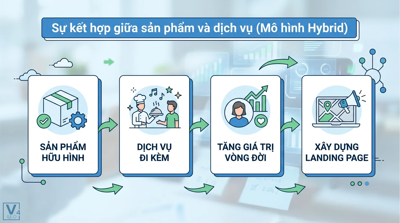 Products vs Services là gì? 5 khác biệt cốt lõi và ví dụ dễ hiểu 2 Mô hình Hybrid kết hợp sản phẩm hữu hình, dịch vụ đi kèm giúp tăng giá trị vòng đời khách hàng và tối ưu xây dựng landing page local hiệu quả