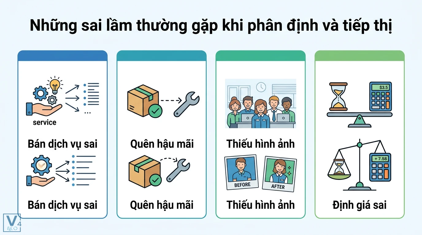 Products vs Services là gì? 5 khác biệt cốt lõi và ví dụ dễ hiểu 3 Sai lầm khi phân định và tiếp thị gồm bán dịch vụ sai cách, bỏ qua hậu mãi, không trực quan hóa dịch vụ và định giá sai giá trị thực tế