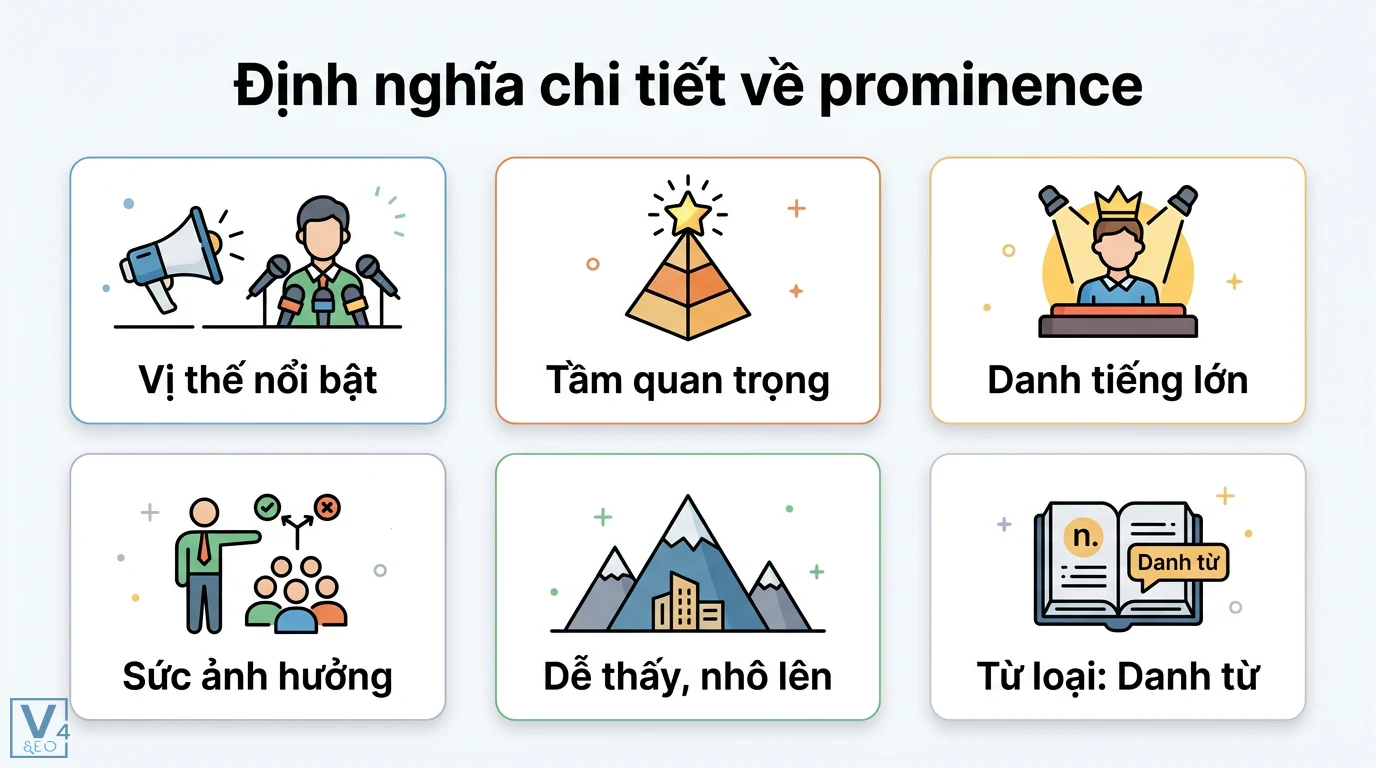 Prominence là gì? Ý nghĩa sự nổi bật và cách dùng theo ngữ cảnh 1 Khái niệm prominence bao gồm vị thế nổi bật, tầm quan trọng, danh tiếng lớn, sức ảnh hưởng, sự nhô lên vật lý và phân loại là danh từ