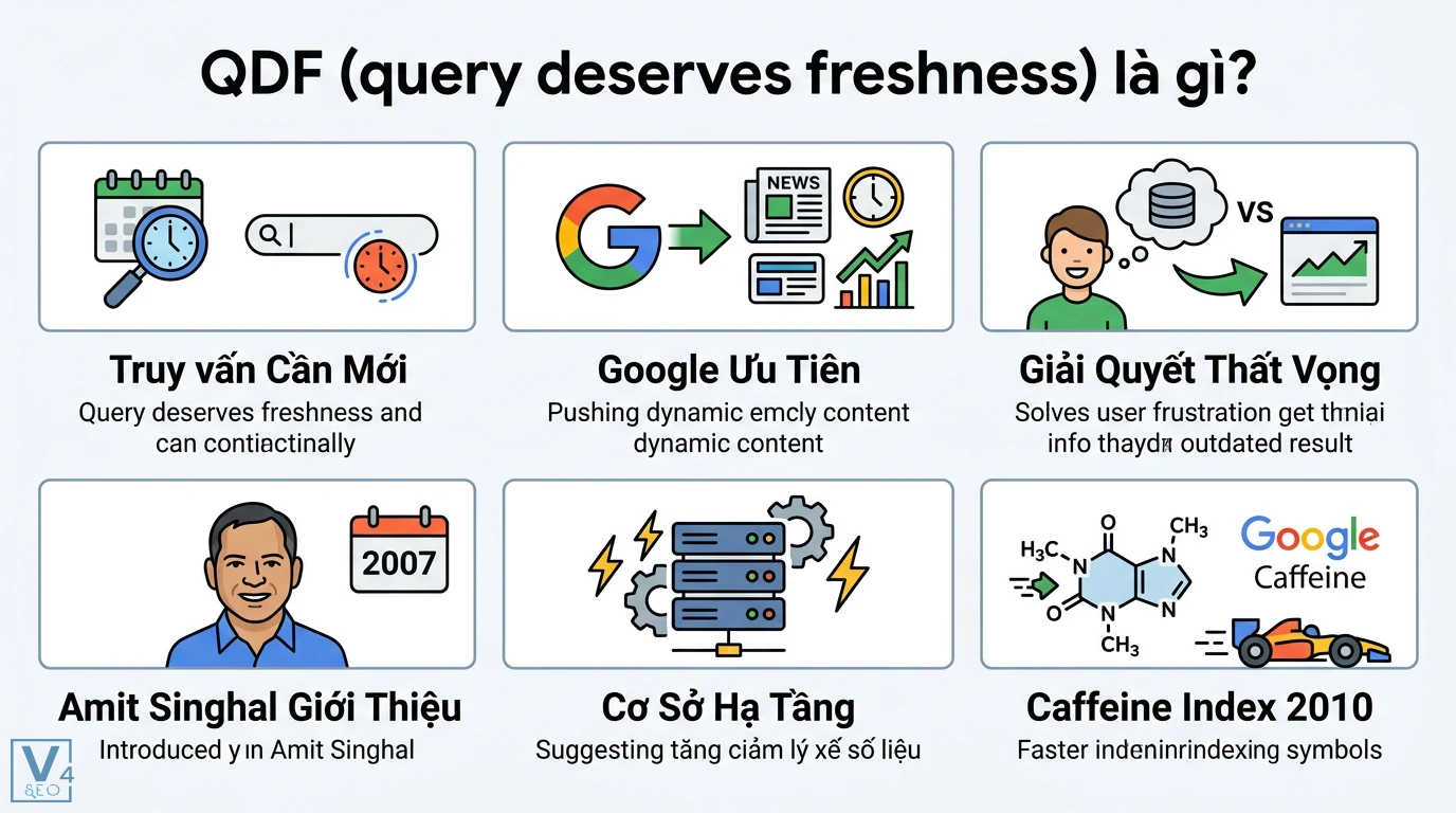 QDF (query deserves freshness) là gì? Quy trình tối ưu nội dung mới 1 QDF Query Deserves Freshness ưu tiên nội dung mới qua cơ chế Amit Singhal 2007 và hệ thống Caffeine Index giúp tăng tốc độ lập chỉ mục