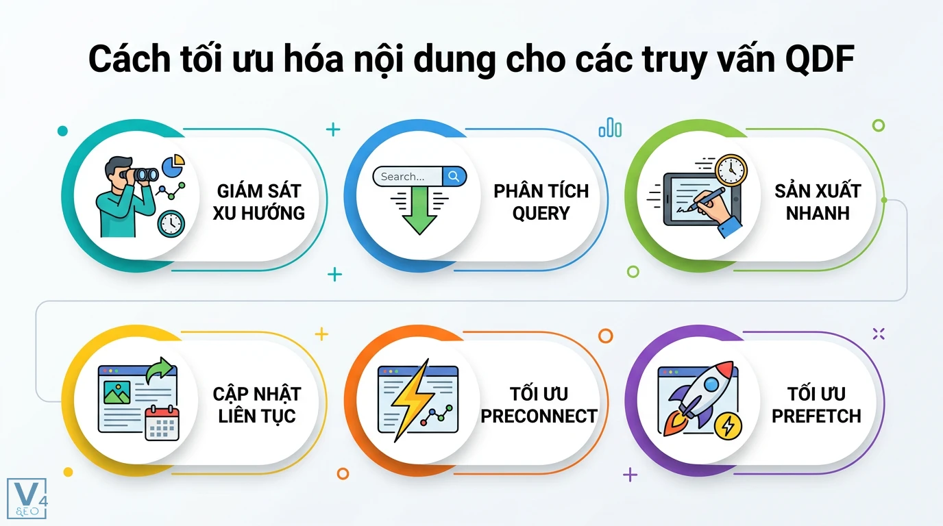 QDF (query deserves freshness) là gì? Quy trình tối ưu nội dung mới 2 Tối ưu nội dung cho truy vấn QDF qua giám sát xu hướng, phân tích query, sản xuất nhanh, cập nhật liên tục cùng kỹ thuật Preconnect và Prefetch
